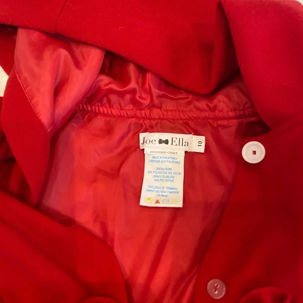 Joe Elle Formal Dressy Red Coat with Hood and Rose Pleating Details